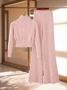 Franclia 女士优雅纯色罗纹高领修身长袖拉链上衣搭配弹力腰显瘦喇叭腿针织衫两件套，冬季 - 粉色 - 查看 2