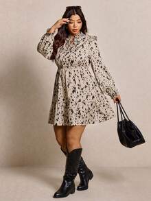 Elaquor Modisches Langarm-Kleid mit Allover-Muster in Große Größen, Herbst - Verschiedenfarbig - Übersicht 5