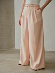 PREMIUM PLUS SIZE METAL BUCKLE WAIST ELEGANT WIDE LEG SUIT PANTS, SPRING/SUMMER - Coral Pink - View 6