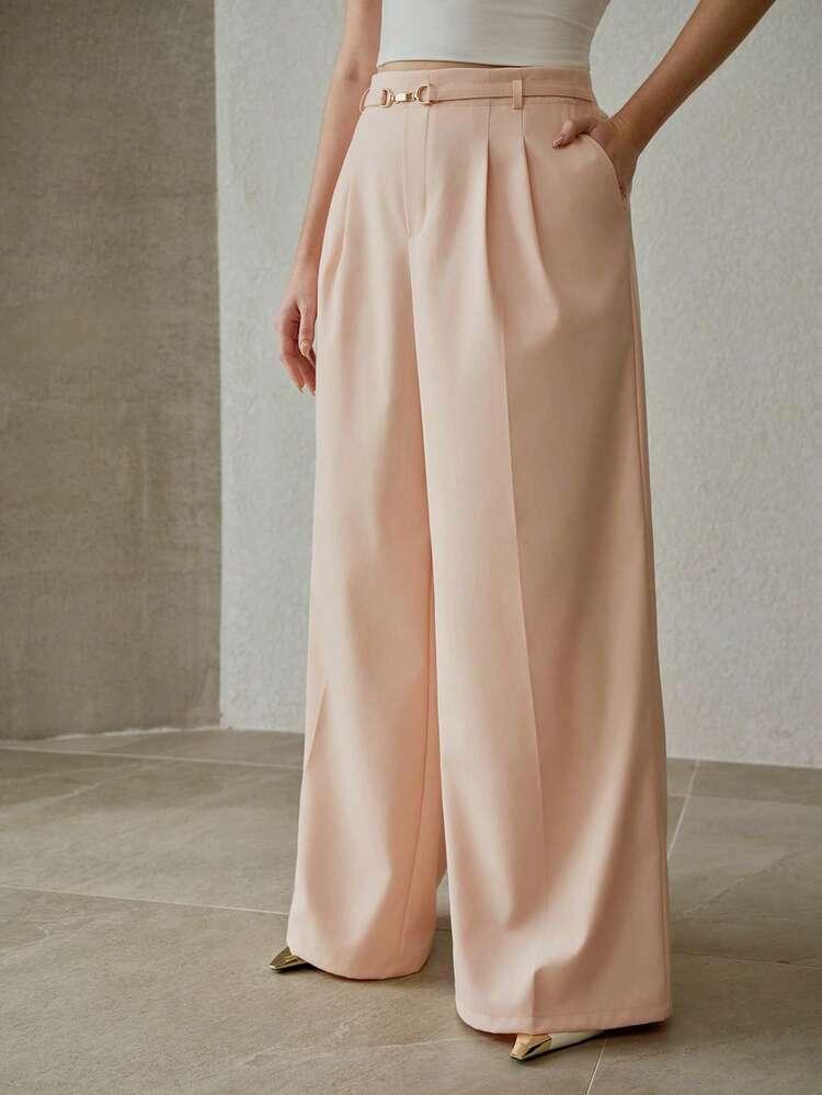 プラスサイズ メタルバックル ウエスト エレガントワイドレッグ スーツパンツ、春夏