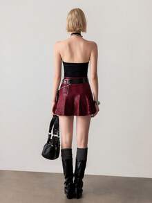Ardnt Burgundy Autumn Seductive Night Skirt,Goth Y2K Punk American Street Style High Waist Layered Asymmetric Red Leather Skorts For Women - Burgundy - View 2