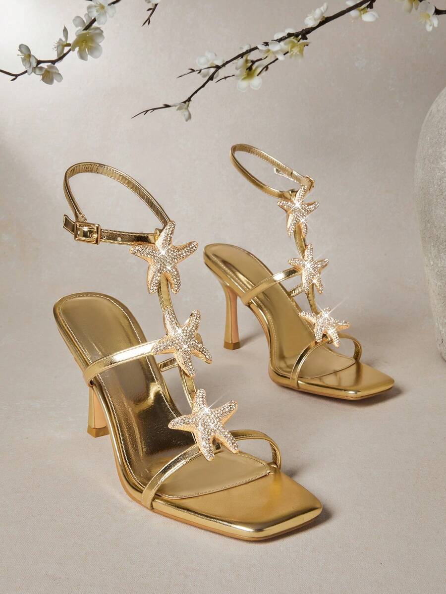 SHUZIA 女士性感踝带细高跟凉鞋，饰有海星图案 - 金色 - 查看 1