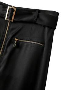 Franclia 黑色金色双拉链口袋优雅女士半身裙 - 黑色 - 查看 7