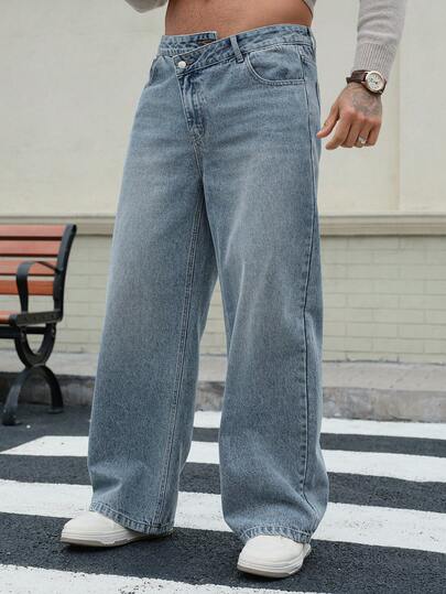 DAZY Jeans azul vintage lavado con botones y cintura oblicua para hombres en otoño