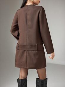 Heiryn 女式纯色圆领长袖系带休闲短款连衣裙 - 棕色 - 查看 2