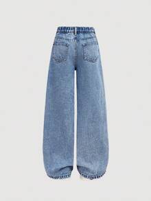 SHEIN Quần denim xanh rộng rãi thêu họa tiết trái tim hồng cho bé gái - Rửa trung bình - Xem 3