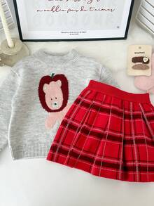 Genkimix Kids Young Girl Cartoon Pattern Sweater & Plaid Skirt Set - Multicolor - View 6