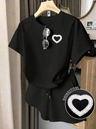 Resyla Women's Casual Rhinestone Decor T-Shirt And Shorts 2 Pieces Set, Summer