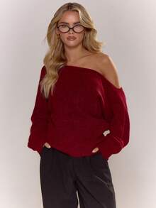 MUSERA 蓬松针织不对称肩部收腰马海毛上衣，可爱，乡村风，田园风，奶油糖色优雅晚装情人节春季情人节 - 酒紅色 - 查看 2