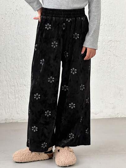 DAZY 女童黑色丝绒面料花卉刺绣弹力腰抽绳直筒宽松休闲裤