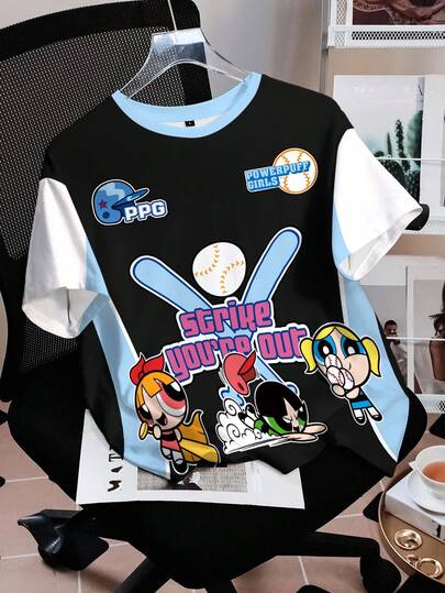 THE POWERPUFF GIRLS X SHEIN T-shirt à manches courtes d'été pour femmes avec motif coloré de fleurs, de bulles et de boutons d'or