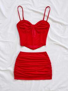 Soleia 新款性感V领抹胸吊带衫搭配低腰迷你裙两件套，修身剪裁，适合约会、情人节、新年、波西米亚风、度假、秋季女装、复古风、节日装扮 - 紅色 - 查看 6