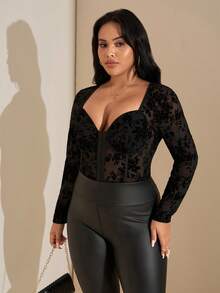 SHEIN Tall CURVE Plus Size Comfortable Casual Elegant Women's Floral Flocked Long Sleeve Bodysuit With Underwire Cups,Suitable For Party, Date Night, Events - Black - View 5