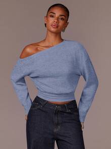 Athîral Damen Einfarbiges Schulterfrei Langarm Crop Top Modisches T-Shirt - Blau - Übersicht 3