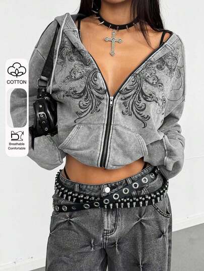 StreetHx Women's Y2K Style Gothic Retro Distressed Loose Hoodie Streetwear, Autumn/Winter