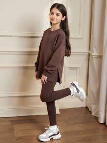 Sparklyn 1 套时尚休闲宽松落肩连帽衫和紧身打底裤套装，适合青少年女孩深色，时尚秋冬服装 - 咖啡棕 - 查看 4