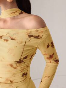 Modelyn Autumn Knitted Sexy Sheer Mesh Ribbon Print T-Shirt Off The Shoulders Top Pale Yellow Top Off The Shoulder Long Sleeve Yellow Top Women Butter Yellow Top - Yellow - View 6