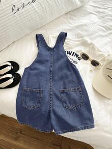 SHEIN Young BoyFitted Blue Denim Bib Shorts - Dark Wash - View 5