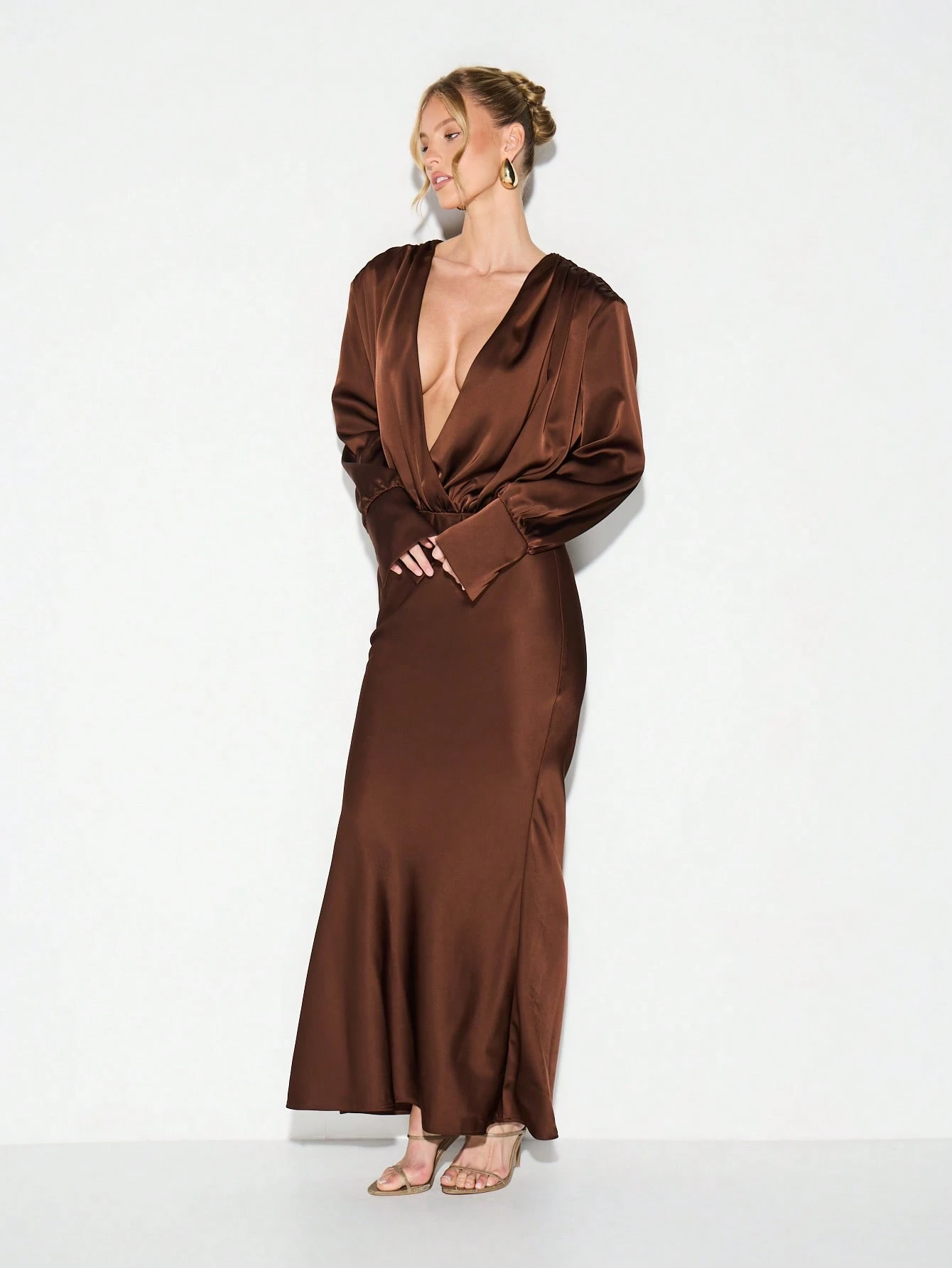 KIZN Deep V-Neck Satin Draped Column Maxi Dress