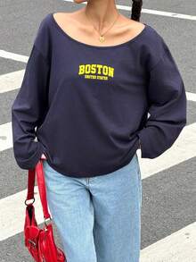 Muchica Letter Print Knit Loose Fit One Shoulder Long T-Shirt For Women,For Going Out, Streetwear, Y2K - Royal Blue - View 3