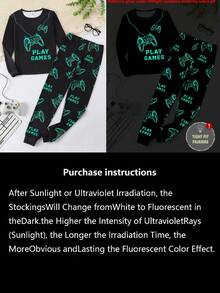 1 Set Tween Boys Glow-In-The-Dark Video Game Print Knit Snug Fit Long Sleeve Top And Matching Allover Print Pants Pajama Set 2-Piece Set - Black Green Gaming Pajamas Glow UV Gaming Controller Print Crew Neck Design Black Green Esports Gaming Color Elastic Fitted Fabric Long Sleeve Crew Neck Fitted Top Cuffed Pants Gaming Controller Combo Social Media Style Esports Gaming Spring Summer Autumn Winter Holiday Essential Big Boys Fitted Home Set .This Product Requires UV Light Exposure To Glow. - Black - View 7