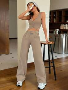 SHEIN EZwear Bộ vest vải lanh trơn màu mùa hè dành cho nữ, áo vest một hàng khuy và quần dài rộng rãi, thời trang thu/đông - Lạc đà - Xem 6