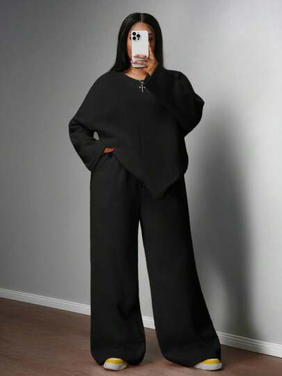 Slaydiva 2025 Spring & Summer Vacation Casual Pink Long Sleeve Loose Round Neck Top And Wide Leg Straight Pocket Pants Two Pieces Set, Soft Fabric Plus Size Women Sweatsuit Wide Leg Pants Set Modest Two Piece Set Comfortable Two Piece Set