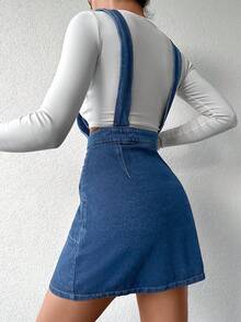 SHEIN Tall Women's Blue Waist Cinched Square Neck Sleeveless Buttoned Front Denim Dress - Medium Wash - View 2