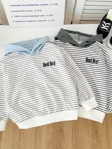 SHEIN 2件套男童简约韩版黑白条纹拼接灰/蓝连帽卫衣，清新日常春季穿搭 - 黑與白 - 查看 6