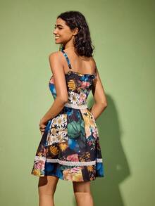 Felipe Marques Women's Floral Patchwork Contrast Color Sleeveless Off Shoulder Mini Dress, Casual For Spring/Autumn, Vacation, Party, Beach - Black - View 2