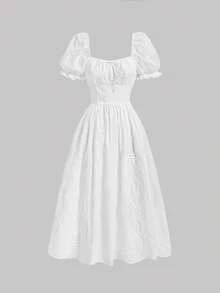 SHEIN MOD Women's Embroidery Puff Sleeve Tie Front Dress