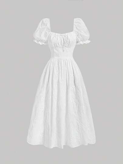 SHEIN MOD Women's Embroidery Puff Sleeve Tie Front Dress