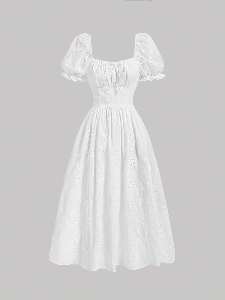 SHEIN MOD Women's Embroidery Puff Sleeve Tie Front Dress