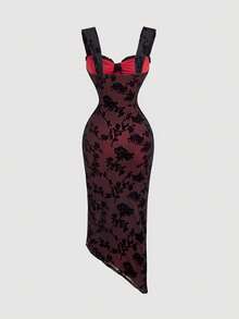 MOD Vestido con estampado floral, plisado y dobladillo asimétrico con abertura, vestidos en tonos pastel para mujer - Rojo y negro - Ver 2