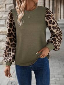 SHEIN LUNE 休闲度假风圆领泡泡袖灯笼袖撞色豹纹长袖T恤，春夏款 - 軍綠色 - 查看 5