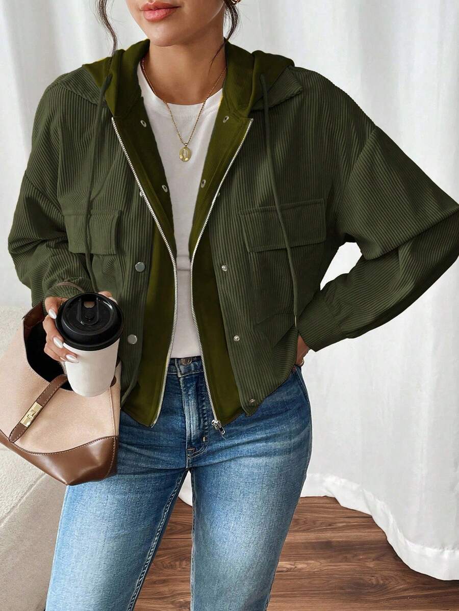 SHEIN Frenchy 女式拼接二合一灯芯绒连帽夹克秋冬女装 - 軍綠色 - 查看 1