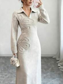 Selianne Women's Floral Print Long Sleeve Knitted Sweater Dress - Apricot - View 4