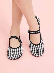 CUCCOO DOLLMOD Giày bệt Mary Jane kẻ caro đen trắng chia ngón dành cho nữ, phong cách cổ điển, đi làm - màu đen - Xem 4