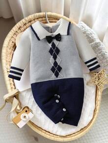 Newborn Baby Casual Fashion Cute Diamond Pattern White, Gray, Navy Blue Knitted Striped Bodysuit, Soft & Comfortable, Suitable For Daily, Outdoor, Travel, Holiday, Home, Daycare, Playtime, Autumn/Winter, Christmas, Back To School, Party, All-Match Airplane Captain Outfit For Baby Boy Knitted Baby Boy Outfit Baby Boy Sweater Set Sapphire Suit For Baby Boy Baby Sailor Navy Outfit Argyle Baby Boy Outfit Baby Boy Argyle Sweater Baby Boy Navy Suit Baby Sweater Baby Boy Argyle Outfit - Royal Blue - View 9