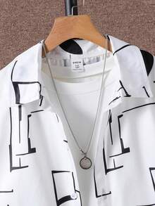 SHEIN Vacaura 2pcs/Set Tween BoyCasual Commuter Geometric Line Print Short Sleeve Shirt And Pants Set