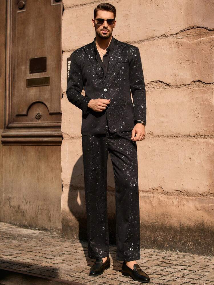 Manfinity VCAY Men's Shiny Lapel Neck Long Sleeve Single-Breasted Blazer And Pants Business Travel Suit Set, Wedding Car Mens Sequin Suit Jackpot Mens Black Suit Mens Printed Suit Men Sequin Black Suit Men Suits With Design - Black - View 1