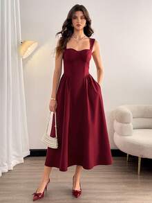 SHEIN Tall Váy dạ hội thanh lịch cổ điển dành cho nữ có túi, váy dự tiệc trà thường ngày, lễ hội, tiệc tùng, kỳ nghỉ hè, váy dạ hội, váy dự tiệc sinh nhật, khách dự tiệc cưới - Đỏ - Xem 6