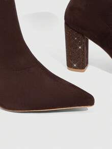 CUCCOO SZL Women's Fashionable Versatile Commuter Rhinestone Decor Chunky High Heel Ankle Boots For Christmas - Coffee Brown - View 10