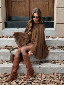 Siren Gaze 女士优雅通勤纯色荷叶边迷你连衣裙 - 棕色 - 查看 3