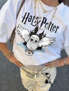 HARRY POTTER X SHEIN Tween Girl Casual Letter & Owl Print Short Sleeve T-Shirt, Summer - White - View 1