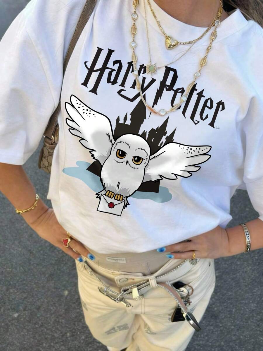 HARRY POTTER X SHEIN Tween Girl Casual Letter & Owl Print Short Sleeve T-Shirt, Summer - White - View 1