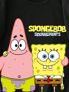 SpongeBob SquarePants | SHEIN 青少年男孩休闲卡通图案短袖T恤，适合夏季 - 黑色 - 查看 3