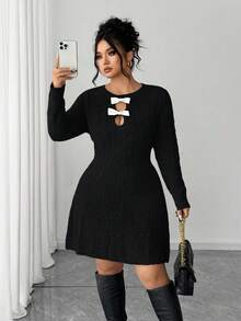 SHEIN Elenzya 女士纯色蝴蝶结优雅派对毛衣连衣裙 - 黑色 - 查看 3