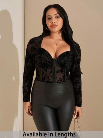 SHEIN Tall CURVE Plus Size Comfortable Casual Elegant Women's Floral Flocked Long Sleeve Bodysuit With Underwire Cups,Suitable For Party, Date Night, Events