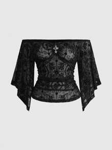 ROMWE J-Fashion 女士优雅露肩喇叭袖蕾丝紧身衣 - 黑色 - 查看 1